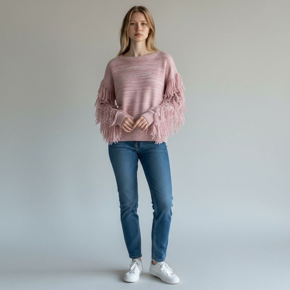 NWT NY & CO Pink & white long Fringe sleeve Tight Knit Chunky Sweater size m